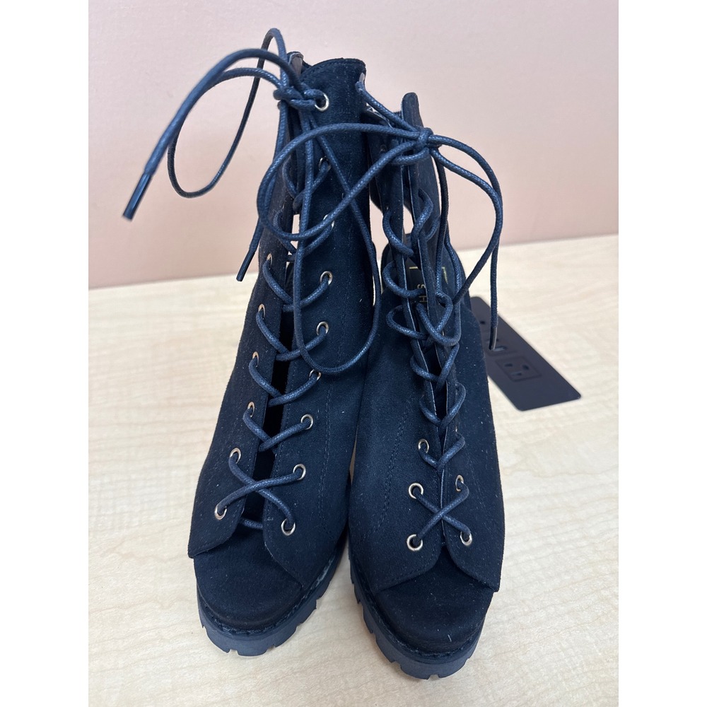 SHU SHOP Black Faux Suede Lace Up Open Toe Block Heel Lug Sole Booties